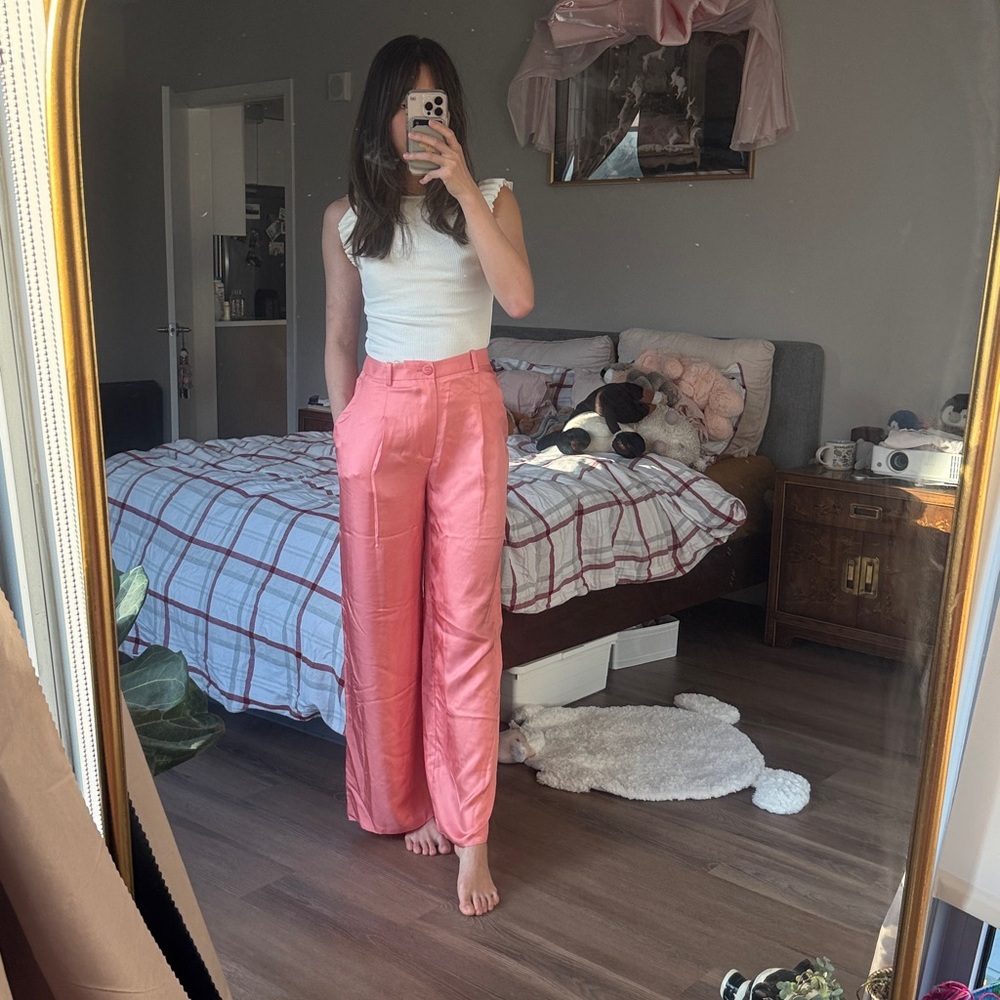 NWT PINK LAPOINTE SATIN WIDE LEG SILK PANTS